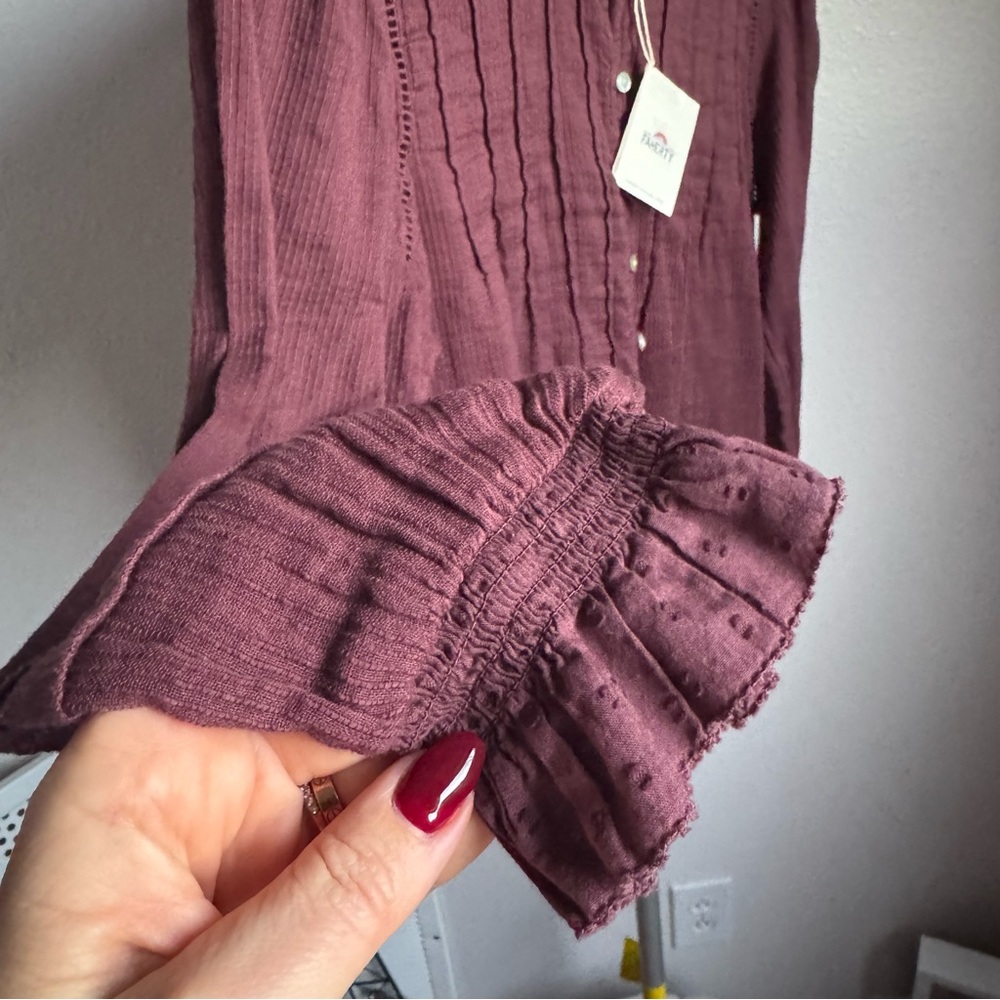 NWT FAHERTY Willa Button Front Peasant Blouse Organic Cotton Catawaba Grape Sz M - Picture 6 of 13